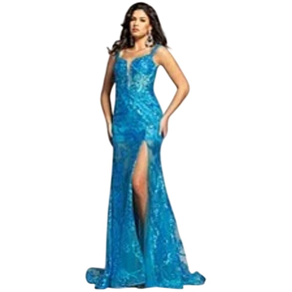 Jovani NWT Sequin Plunging Neck Dress in Turquoise Size 12
